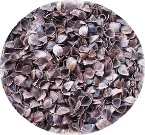zoom sur les cosses de sarrasin, petits trièdres bombés sur une face pouvant s'imbriquer  entre eux.